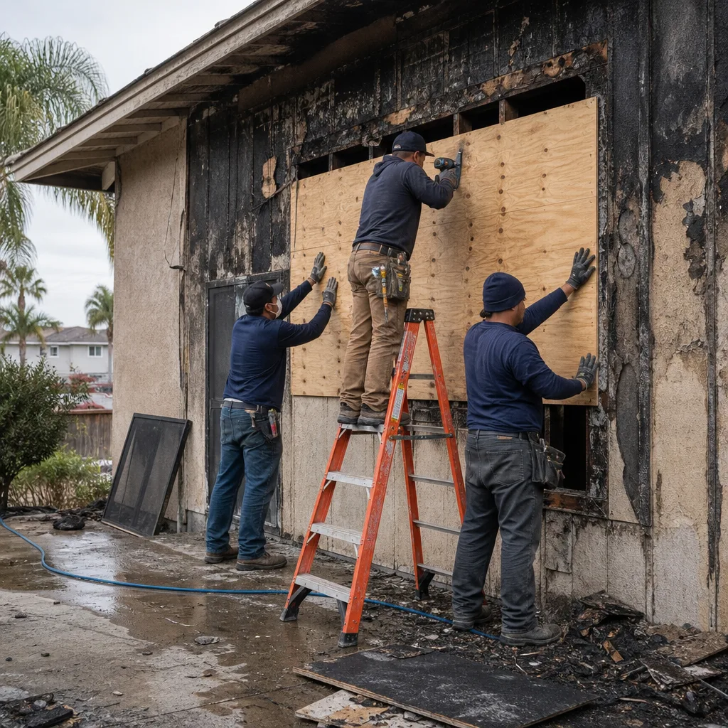 Team of workers performing fire damage restoration boarding up a building