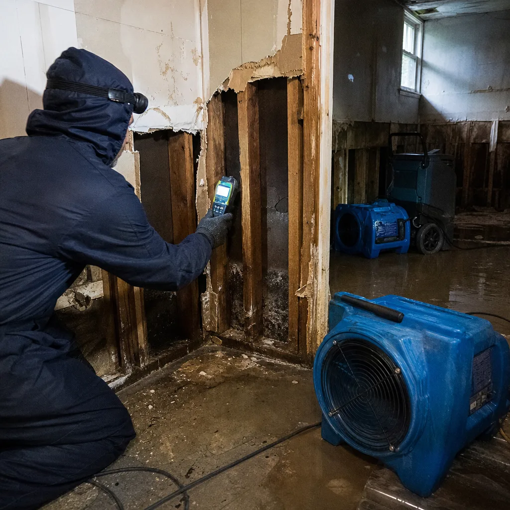 Technician using moisture meter during professional mold remediation and water damage restoration