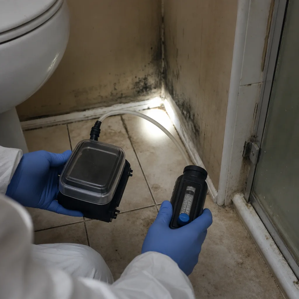 Professional technician using air quality testing equipment for mold remediation inspection.