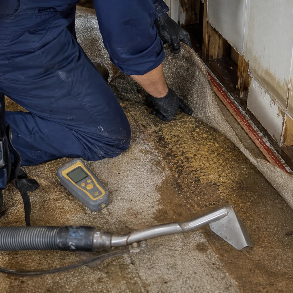 Water damage restoration professional inspecting damp carpet and floor padding