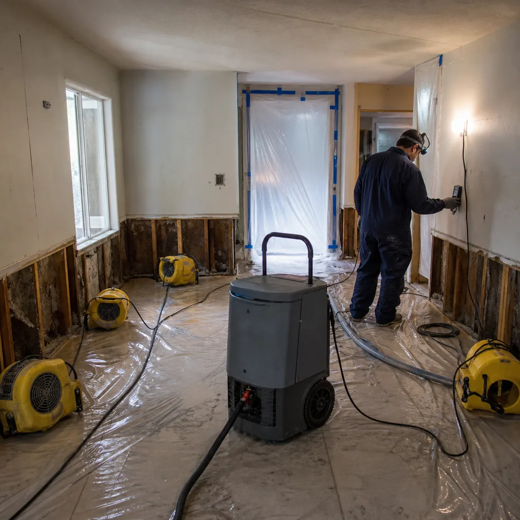 Technician assessing water damage with moisture meter and professional drying equipment