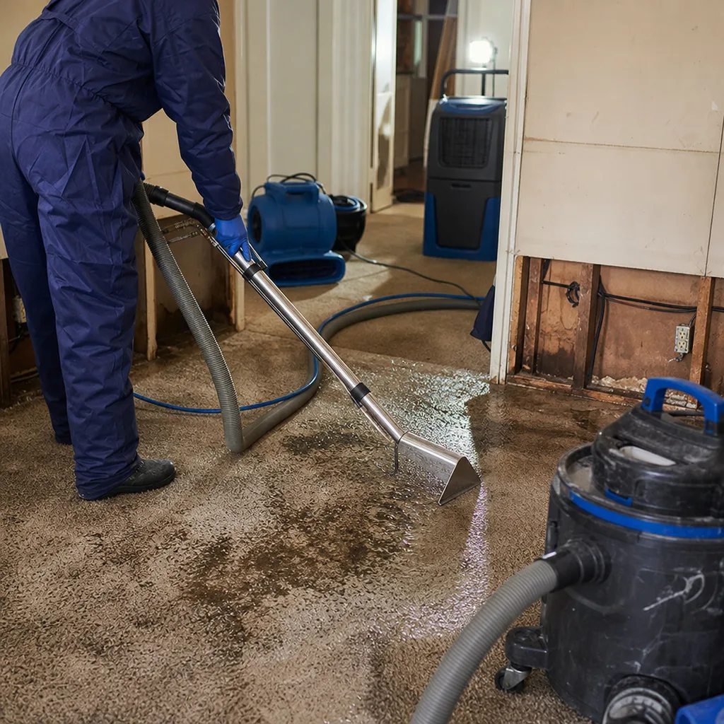 Water damage restoration professional extracting water from carpet with commercial equipment